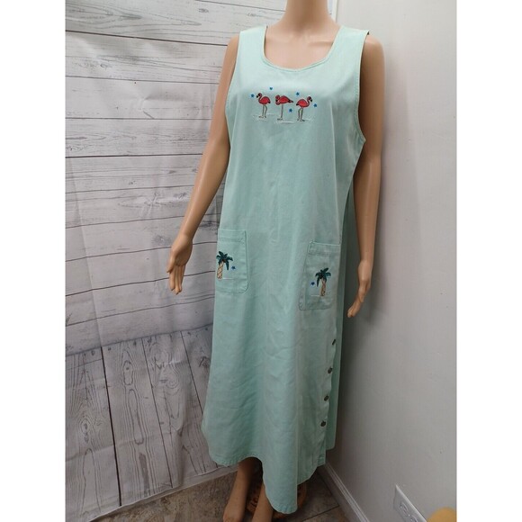 Vtg Mandal Bay Womens Green Teal Canvas Modest Flamingo Jumper Dress M - Picture 1 of 11